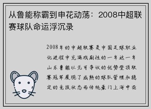 从鲁能称霸到申花动荡：2008中超联赛球队命运浮沉录